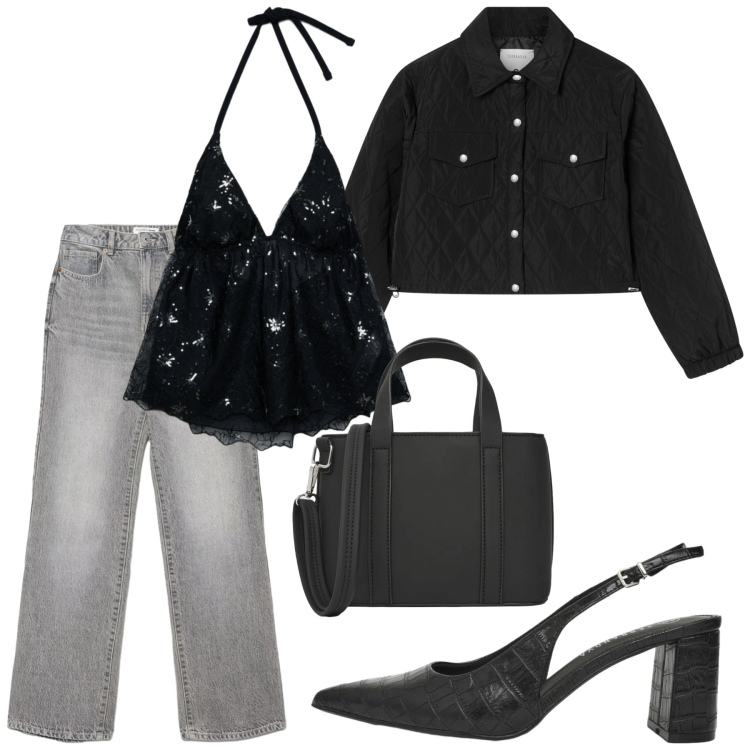Outfit donna - Total look #2460299. Stile Casual per Serata fuori. Abbinamento con top, giacche, jeans dritti, décolleté, borse a tracolla.