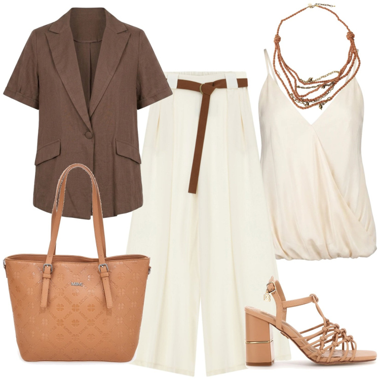 Outfit donna - Impeccabile. Stile Minimal per Ufficio. Abbinamento con top, blazer, pantaloni a palazzo, collane, sandali col tacco, borse a tracolla.