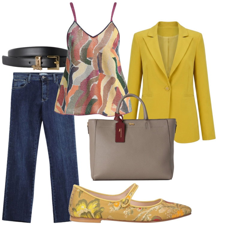 Outfit donna - Total look #2460301. Stile Glamour per Ufficio. Abbinamento con top, ballerine, cinture, borse a mano, blazer, jeans slim fit.