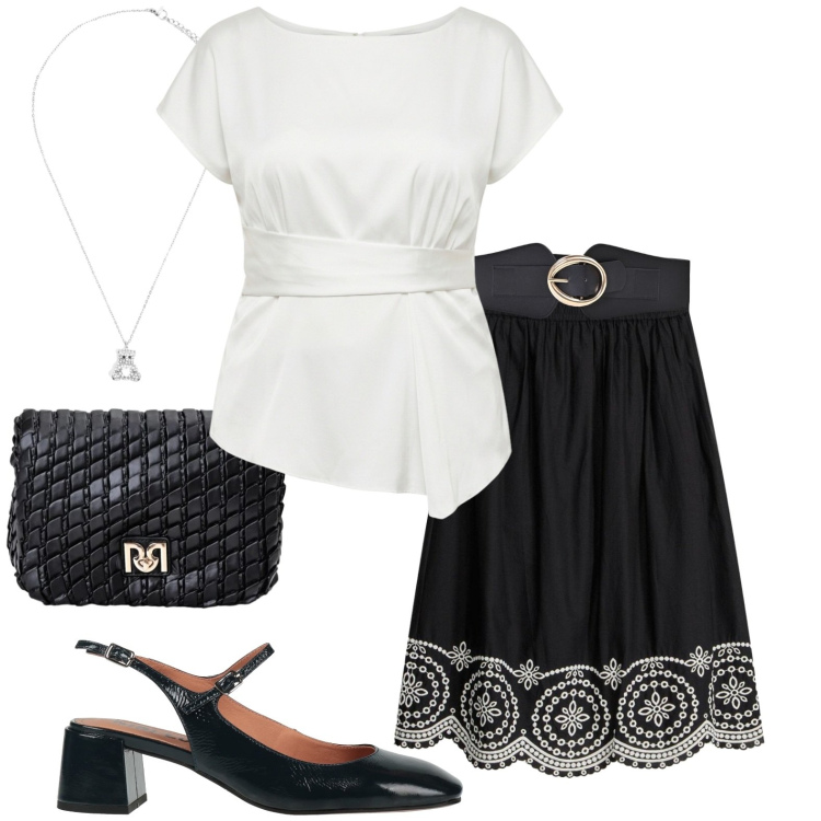 Outfit donna - Casual chic. Stile Casual chic per Tutti i giorni. Abbinamento con décolleté, gonne longuette, bluse, borse a tracolla, cinture, ciondoli.