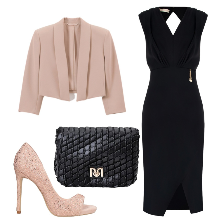 Outfit donna - Total look #2460306. Stile Chic per Cerimonia. Abbinamento con décolleté, vestiti asimmetrici, bolero, borse a tracolla.