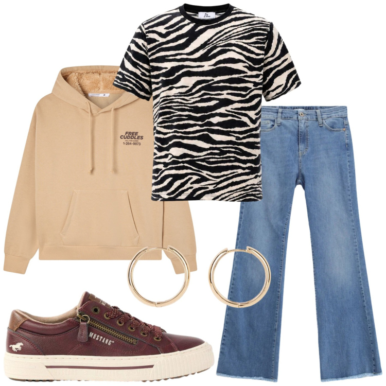 Outfit donna - Total look #2460308. Stile Minimal per Tutti i giorni. Abbinamento con sneakers, orecchini, felpe con cappuccio, t-shirt, jeans.