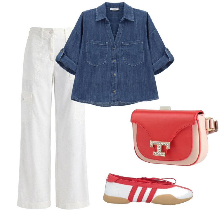 Outfit donna - Freschezza sportiva. Stile Casual chic per Tutti i giorni. Abbinamento con pantaloni cargo, camicie, marsupi, ballerine.