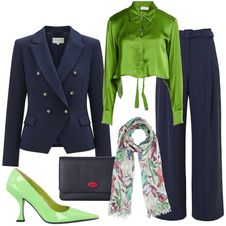 Outfit donna - Elegante. Stile Chic per Serata fuori. Abbinamento con camicie, sciarpe, décolleté, portafogli, pantaloni a palazzo, blazer.