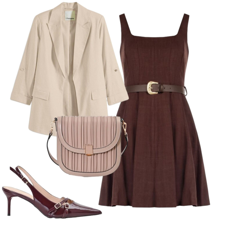 Outfit donna - Wine per la cerimonia. Stile Chic per Cerimonia. Abbinamento con blazer, vestiti corti, borse a tracolla, décolleté.