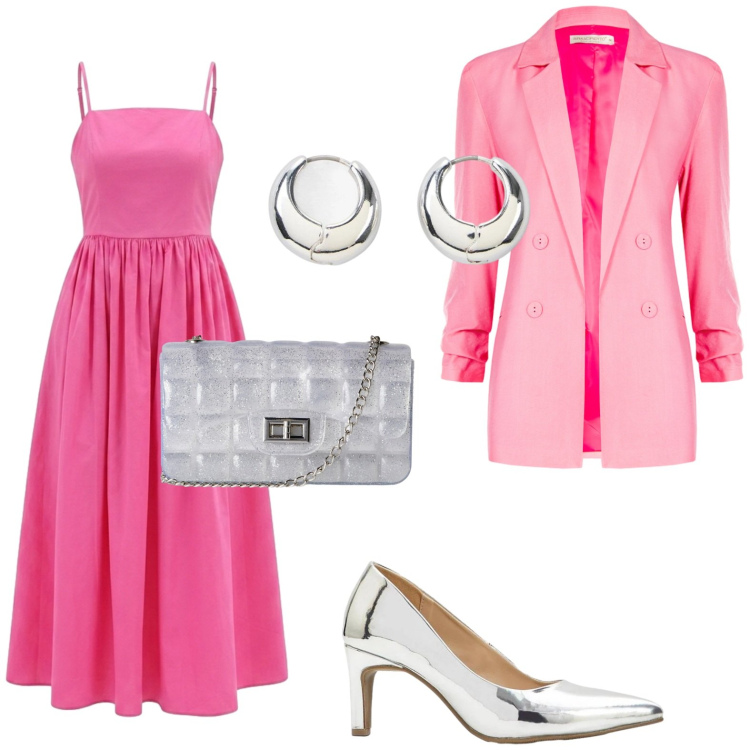 Outfit donna - Cena vista mare. Stile Trendy per Serata fuori. Abbinamento con orecchini, décolleté, borse a tracolla, vestiti midi/longuette, blazer.