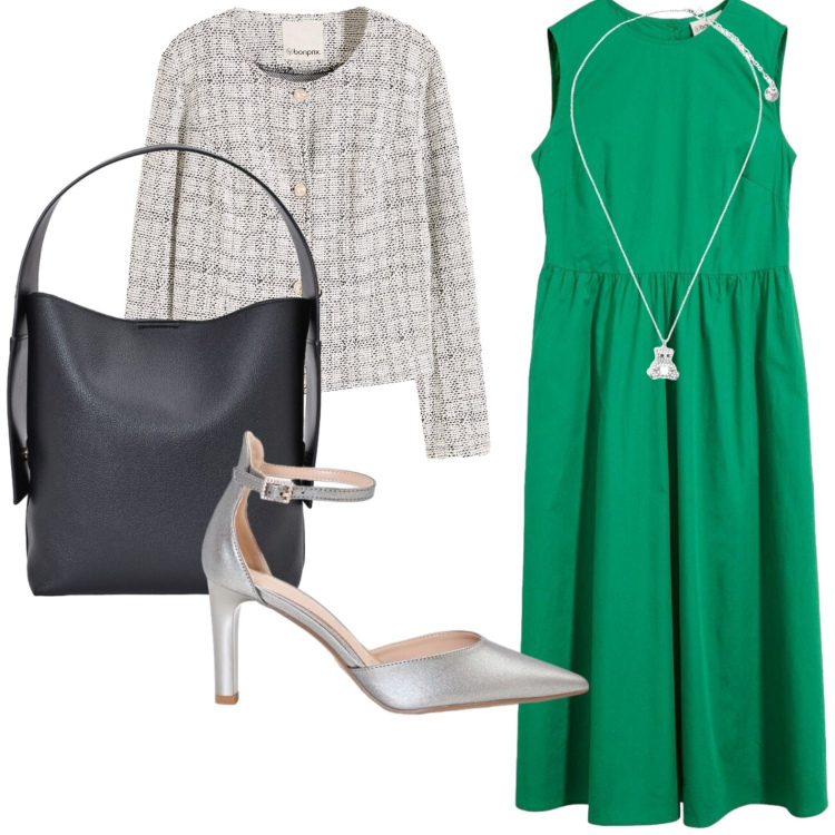 Outfit donna - Cena vista mare. Stile Glamour per Tutti i giorni. Abbinamento con cardigans, vestiti midi/longuette, borse a spalla, décolleté, ciondoli.