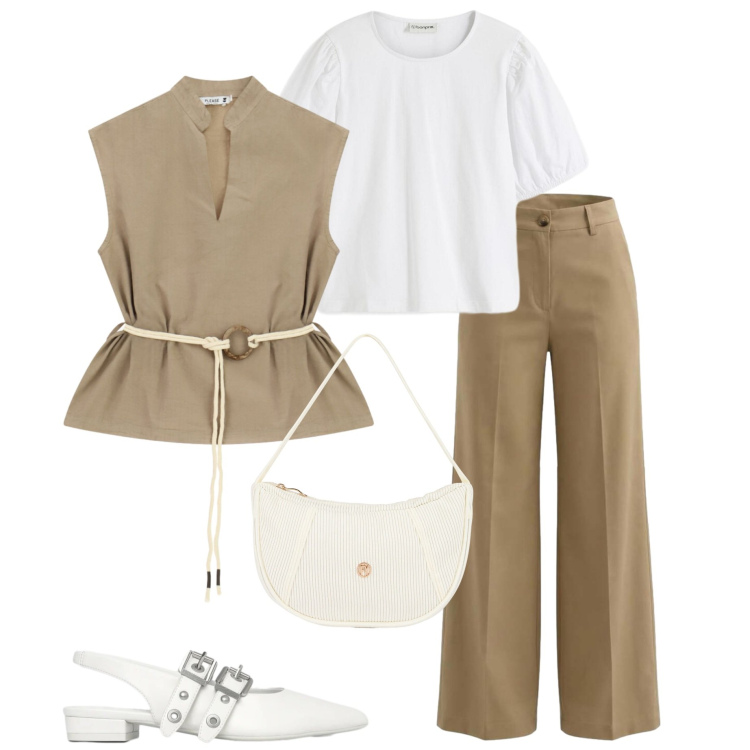 Outfit donna - Ritorno al lavoro. Stile Casual chic per Tutti i giorni. Abbinamento con t-shirt, ballerine, pantaloni a palazzo, borse a mano, camicie.
