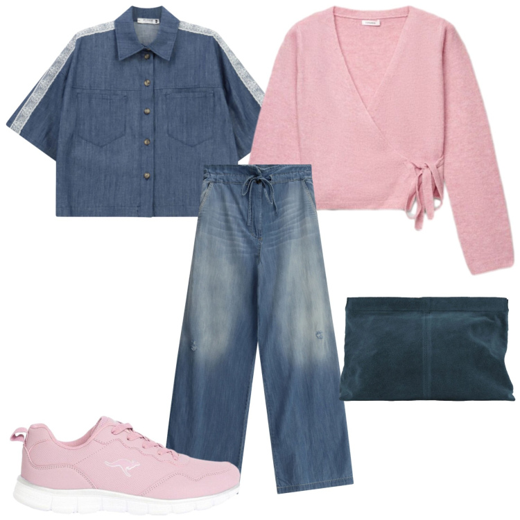 Outfit donna - Dopo il temporale. Stile Casual per Tutti i giorni. Abbinamento con sneakers, cardigans, pochette, jeans, camicie a manica corta.