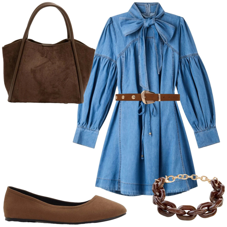 Outfit donna - Fine agosto. Stile Casual chic per Tutti i giorni. Abbinamento con ballerine, braccialetti, vestiti chemisier, cinture, borse a spalla.