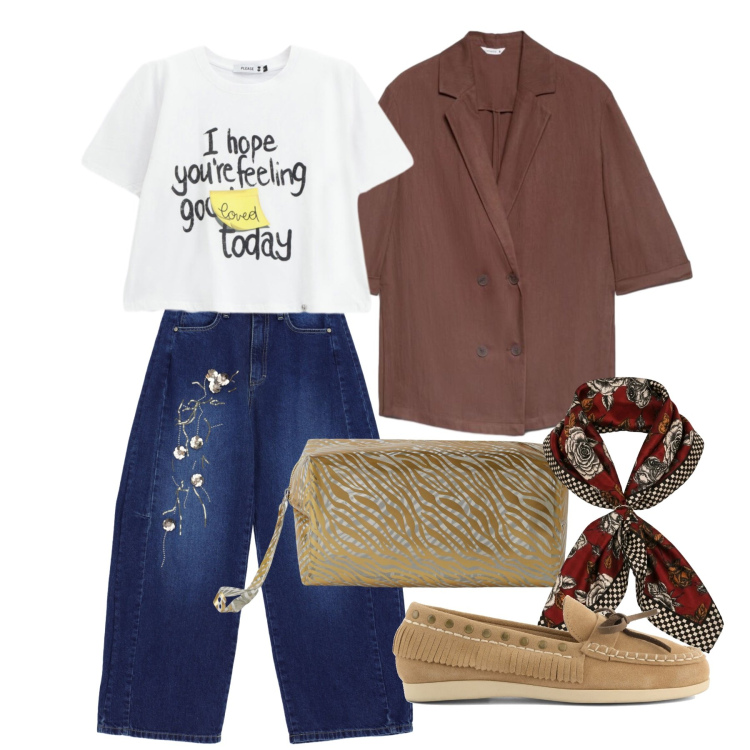 Outfit donna - Agosto. Stile Casual chic per Scuola/Università. Abbinamento con valigie, blazer, t-shirt, jeans, foulard, mocassini.