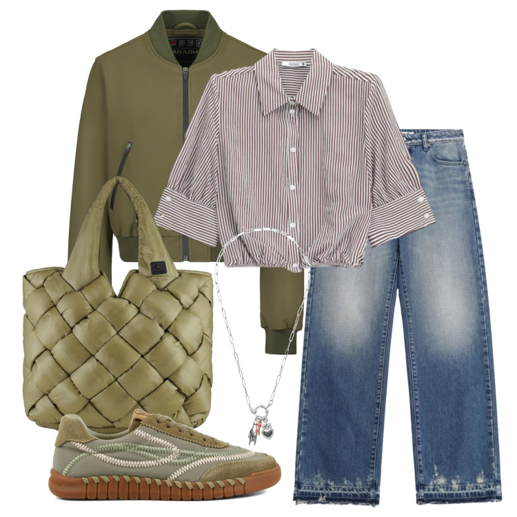 Outfit donna - Agosto. Stile Casual per Scuola/Università. Abbinamento con camicie a manica corta, jeans, ciondoli, bomber, borse tote, sneakers.