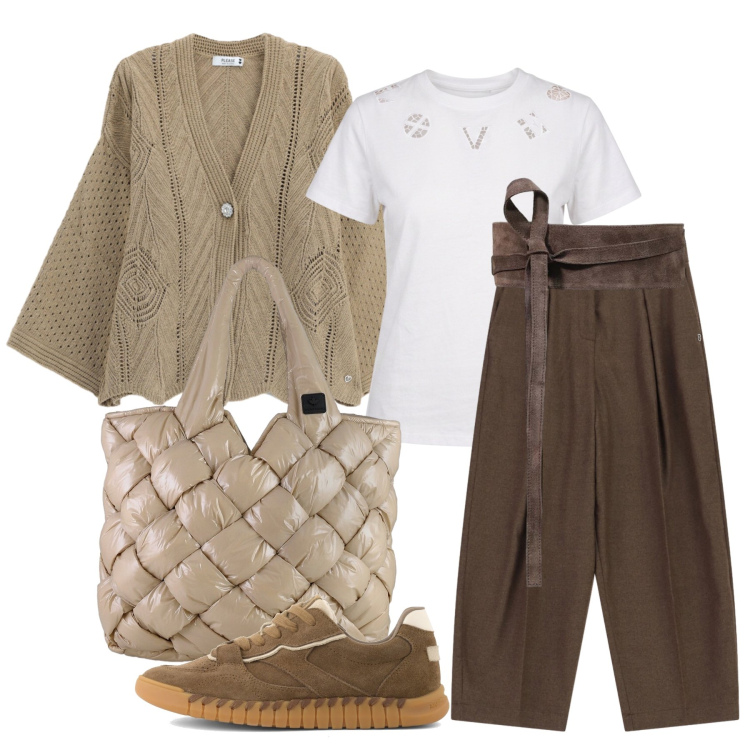 Outfit donna - Agosto. Stile Casual per Scuola/Università. Abbinamento con cinture, pantaloni a palazzo, cardigans, borse tote, t-shirt, sneakers.