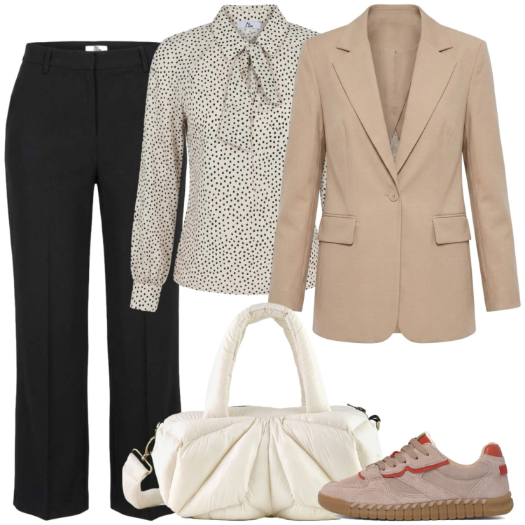 Outfit donna - Presa di incarico. Stile Casual chic per Scuola/Università. Abbinamento con bluse, pantaloni a palazzo, blazer, borse a mano, sneakers.