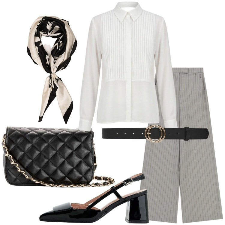 Outfit donna - Oroscopo La Vergine - L\'ordine perfetto. Stile Bon Ton per Ufficio. Abbinamento con borse a tracolla, cinture, décolleté, foulard, pantaloni a palazzo, camicie.