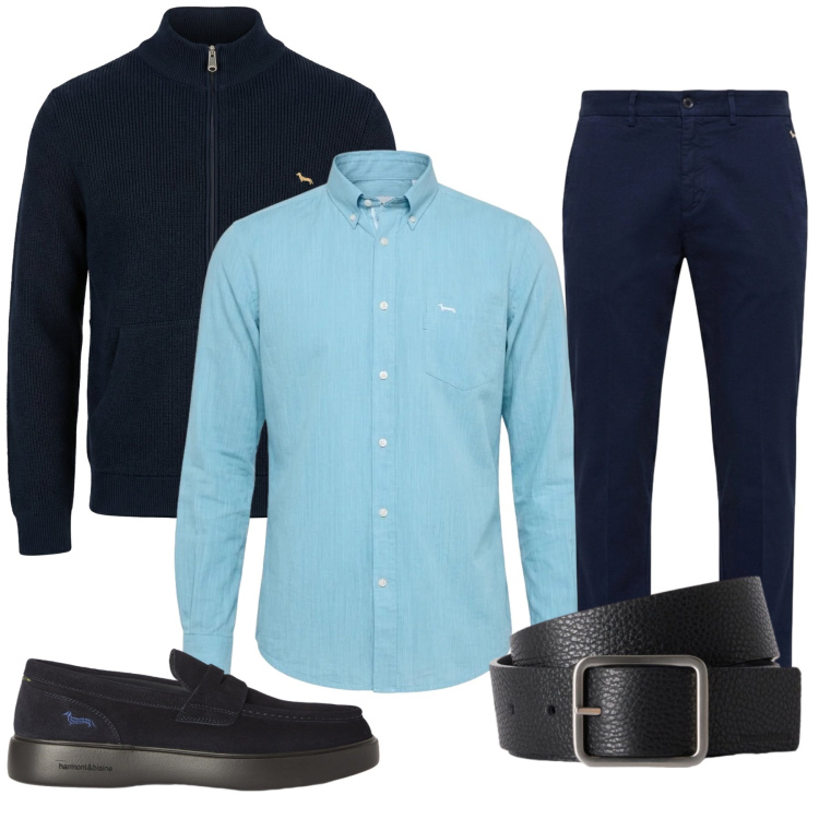 Outfit uomo - Total look #2460395. Stile Casual per Tutti i giorni. Abbinamento con pantaloni chino, cardigans, camicie, scarpe stringate, cinture.