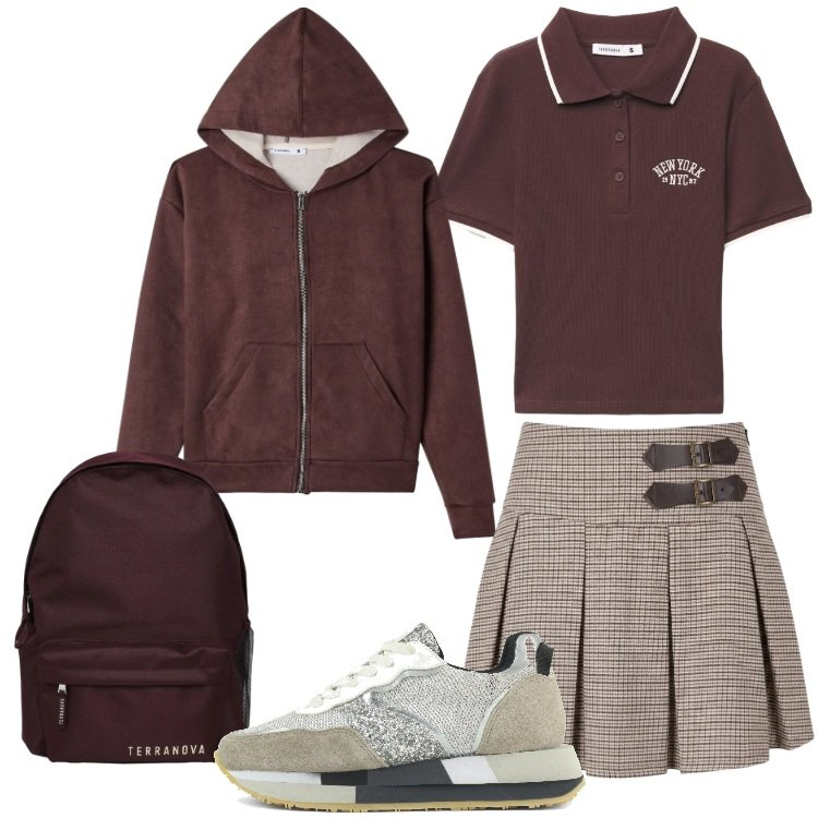 Outfit donna - Back to School. Stile Preppy per Scuola/Università. Abbinamento con zaini, minigonne, polo, felpe con cappuccio, sneakers.