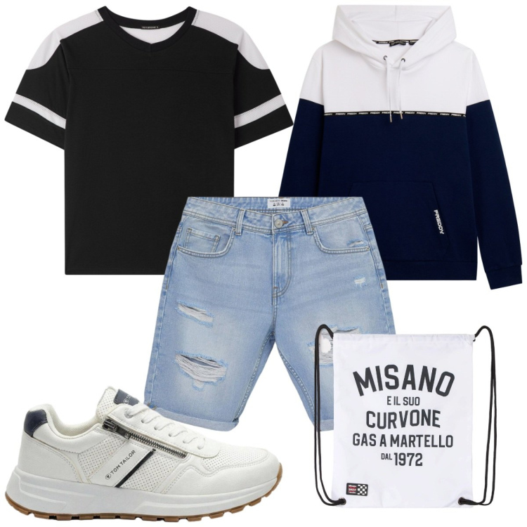 Outfit uomo - Total look #2460402. Stile Casual per Tutti i giorni. Abbinamento con sneakers, borse sportive, bermuda, t-shirt, felpe con cappuccio.