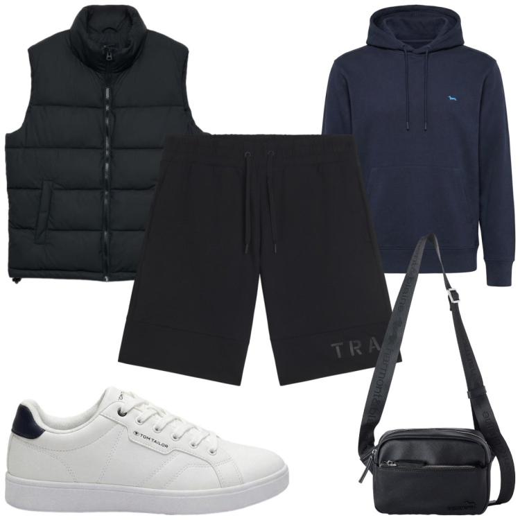 Outfit uomo - Total look #2460407. Stile Casual per Tutti i giorni. Abbinamento con sneakers, piumini, felpe con cappuccio, borse sportive, bermuda.