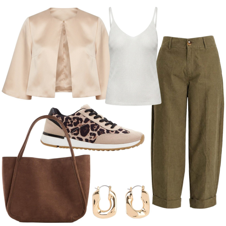 Outfit donna - Commissioni al volo. Stile Casual per Tutti i giorni. Abbinamento con sneakers, orecchini, shopping bag, pantaloni, bolero, top.