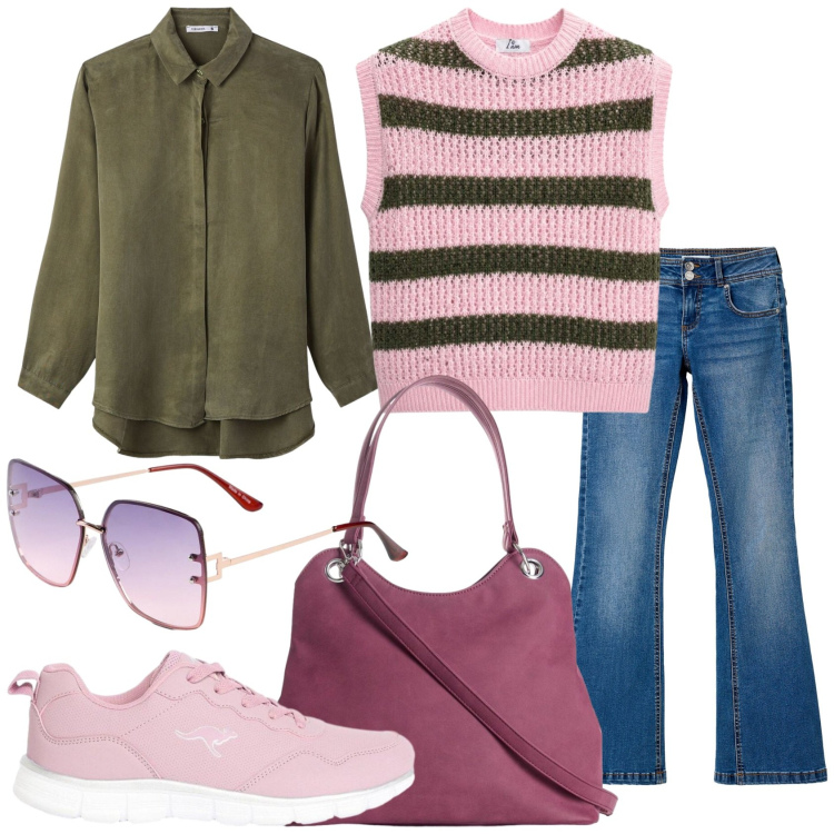 Outfit donna - Rimango sempre libera. Stile Trendy per Tutti i giorni. Abbinamento con sneakers, occhiali da sole, borse a mano, jeans a zampa, camicie, maglieria.