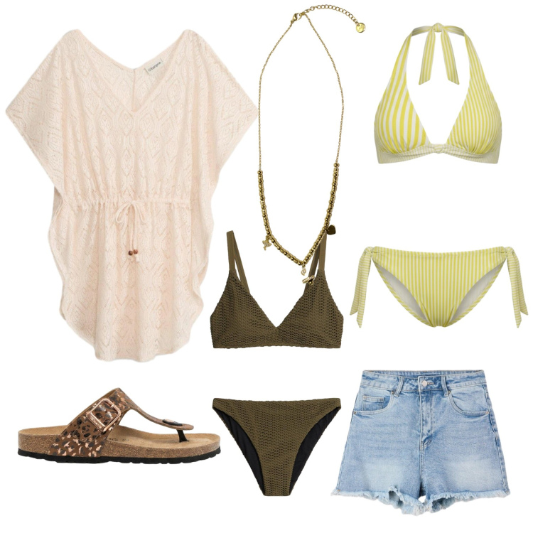 Outfit donna - Ancora mare. Stile Boho per Mare. Abbinamento con bikini, ciondoli, shorts, infradito, bikini, vestiti da spiaggia.