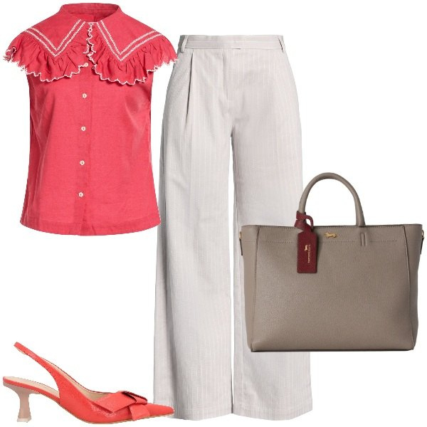 Outfit donna - Total look #2460426. Stile Glamour per Ufficio. Abbinamento con pantaloni, décolleté, camicie a manica corta, borse a mano.
