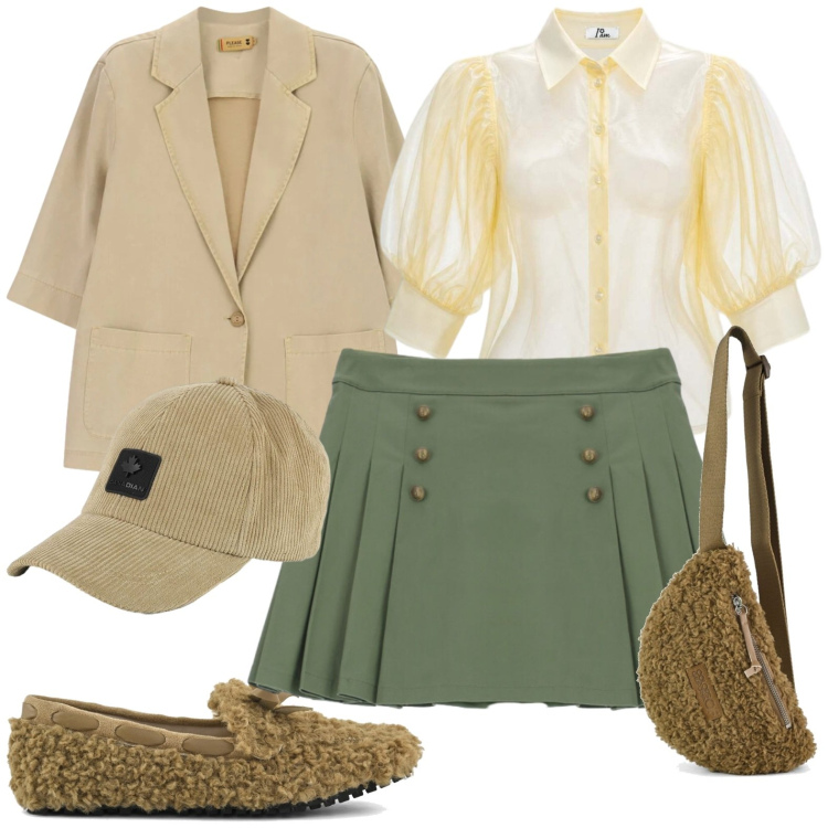 Outfit donna - Ispirazione preppy. Stile Casual per Scuola/Università. Abbinamento con camicie, minigonne, blazer, cappelli con visiera, marsupi, mocassini.
