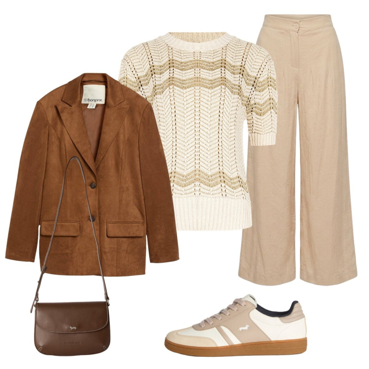 Outfit donna - Neutro sofisticato. Stile Trendy per Tutti i giorni. Abbinamento con blazer, borse a tracolla, sneakers, t-shirt, pantaloni a palazzo.