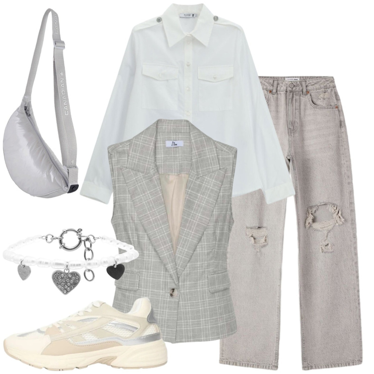 Outfit donna - School. Stile Casual per Scuola/Università. Abbinamento con sneakers, jeans strappati, gilet, braccialetti, camicie, borse a tracolla.