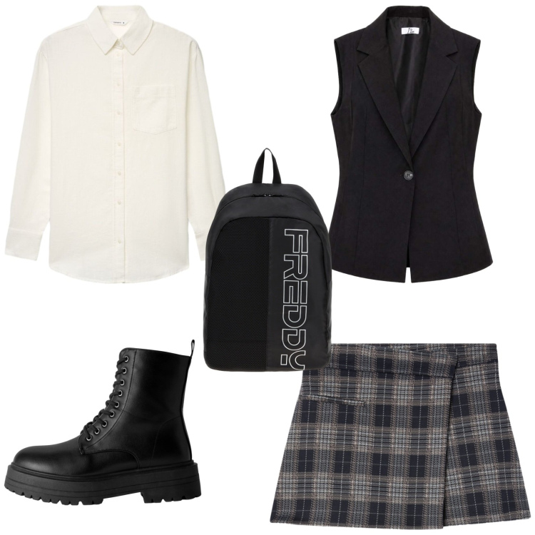 Outfit donna - Preppy style. Stile Preppy per Scuola/Università. Abbinamento con camicie, anfibi, minigonne, gilet, zaini.