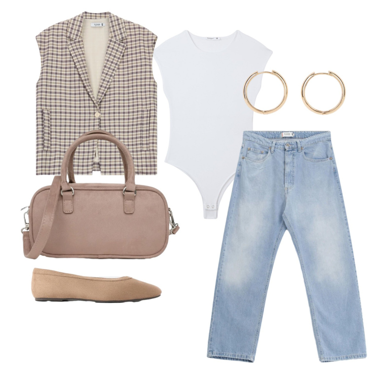 Outfit donna - Agosto. Stile Casual per Tutti i giorni. Abbinamento con orecchini, ballerine, borse a tracolla, body, gilet, jeans.
