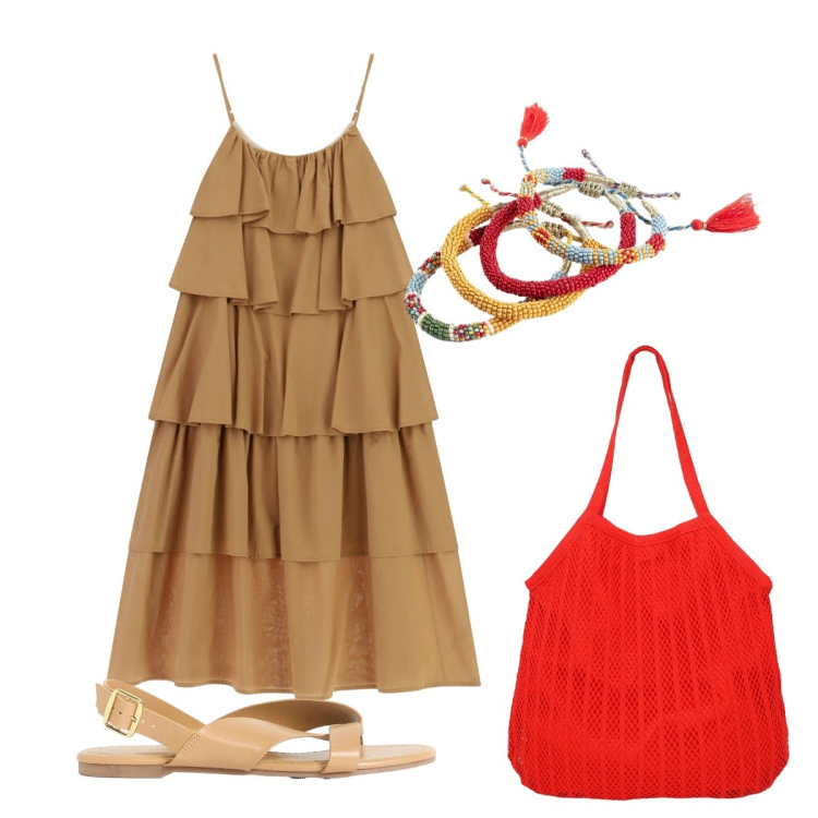 Outfit donna - Stile minimal. Stile Minimal per Serata fuori. Abbinamento con vestiti lunghi, shopping bag, sandali, braccialetti.
