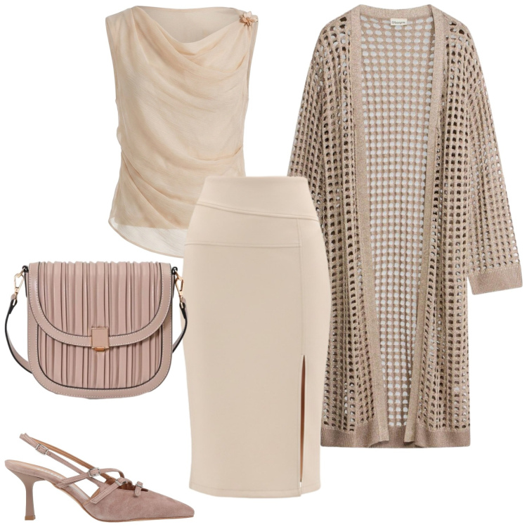 Outfit donna - Serata fine agosto. Stile Chic per Serata fuori. Abbinamento con décolleté, cardigans, gonne longuette, top, borse a tracolla.