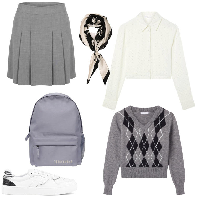 Outfit donna - Perfect preppy outfit idea. Stile Preppy per Scuola/Università. Abbinamento con zaini, camicie, pullovers, minigonne, foulard, sneakers.