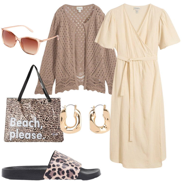 Outfit donna - Si avvicina l\'autunno. Stile Casual per Tutti i giorni. Abbinamento con vestiti, ciabatte, cardigans, occhiali da sole, orecchini, borse tote.