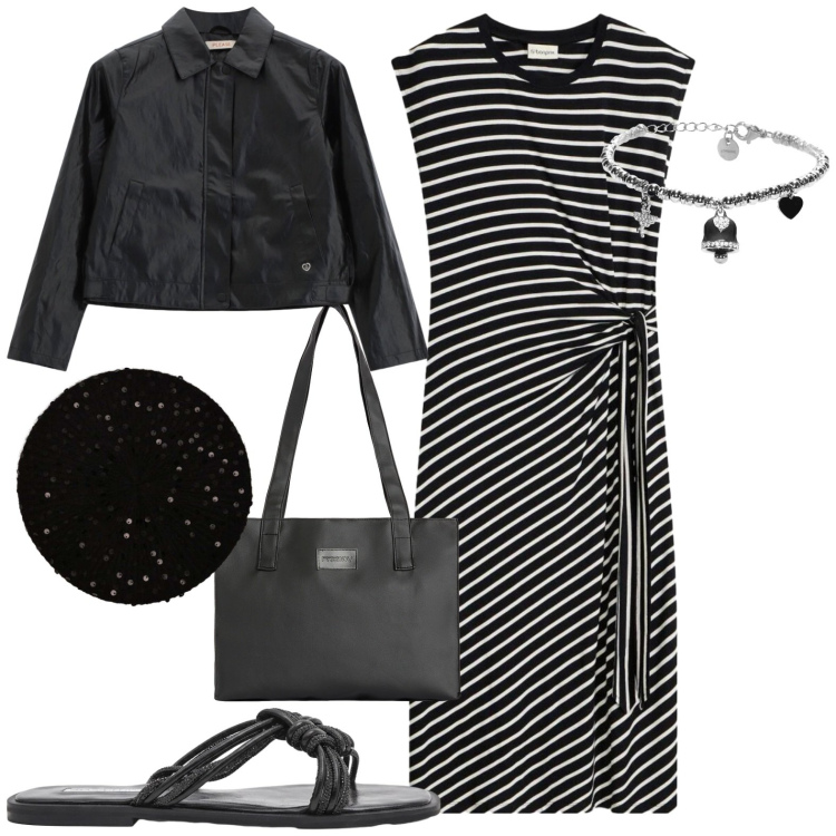 Outfit donna - Agosto. Stile Casual chic per Tutti i giorni. Abbinamento con vestiti, sandali, blazer, braccialetti, shopping bag, cappelli e berretti.