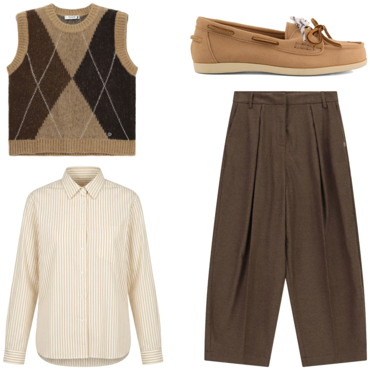 Outfit donna - Dark Academia outfit inspiration. Stile Preppy per Scuola/Università. Abbinamento con pantaloni a palazzo, maglieria, camicie, mocassini.