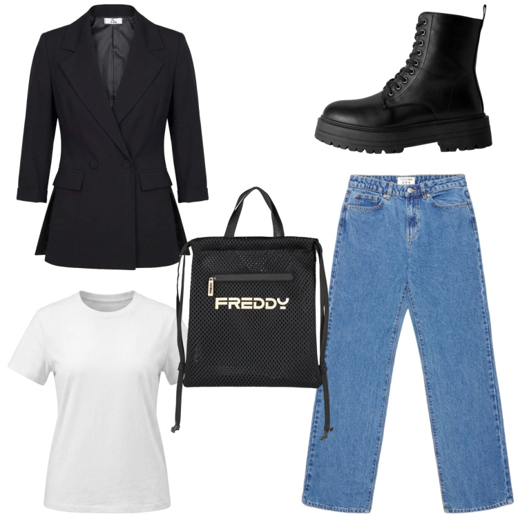 Outfit donna - Fashion preppy girl. Stile Chic per Scuola/Università. Abbinamento con anfibi, jeans dritti, blazer, zaini, t-shirt.