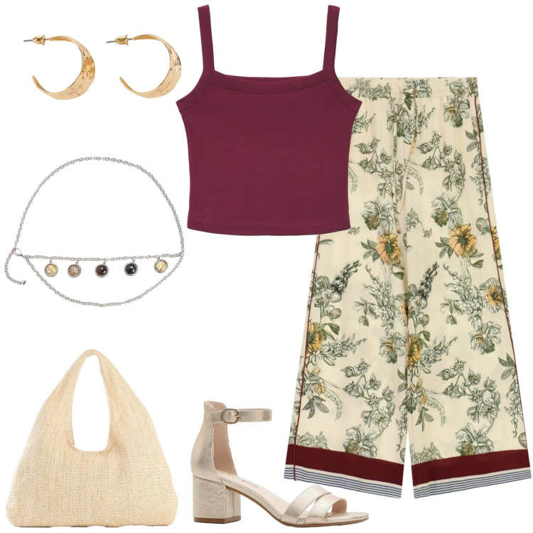 Outfit donna - Cena tra amici. Stile Casual chic per Serata fuori. Abbinamento con sandali col tacco, shopping bag, orecchini, canottiere, cinture, pantaloni a palazzo.