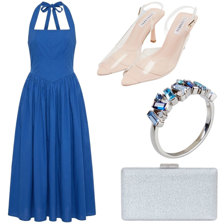 Outfit donna - Battesimo estivo. Stile Bon Ton per Cerimonia. look ideale per Tall. Abbinamento con anelli, vestiti lunghi, sandali col tacco, clutch.