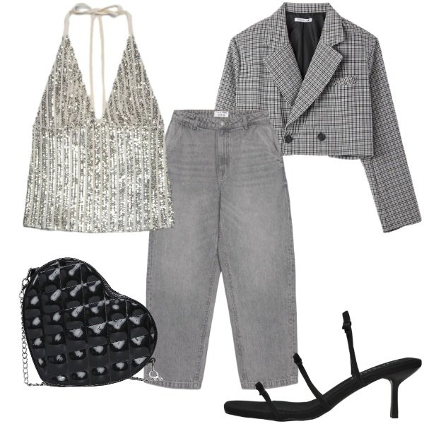 Outfit donna - Infinite Summer: Paillettes & Grey Denim. Stile Casual chic per Serata fuori. Abbinamento con top, jeans dritti, borse a tracolla, blazer, sandali col tacco.