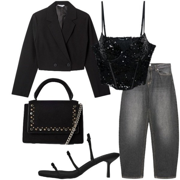 Outfit donna - Serate di Fine Estate: Corsetto & Blazer. Stile Casual chic per Serata fuori. Abbinamento con jeans, top, blazer, borse a tracolla, sandali col tacco.