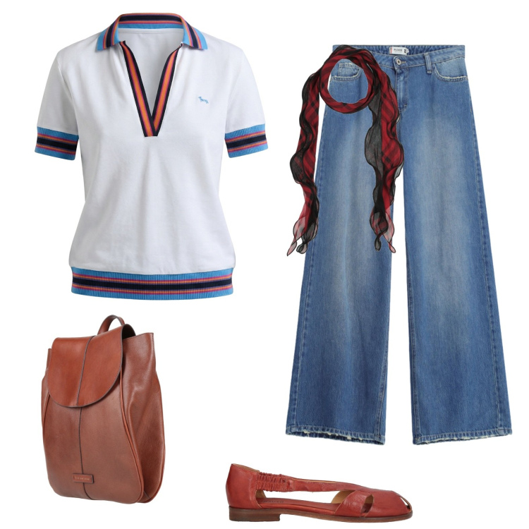 Outfit donna - Aspettando settembre. Stile Trendy per Tutti i giorni. Abbinamento con sciarpe, zaini, ballerine, polo, jeans dritti.