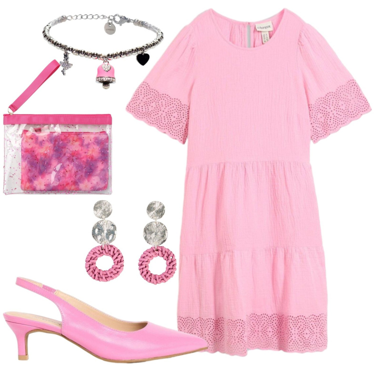 Outfit donna - Agosto. Stile Casual per Tutti i giorni. Abbinamento con décolleté, orecchini, vestiti, pochette, braccialetti.