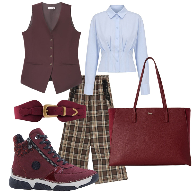 Outfit donna - Cadono le foglie. Stile Urban per Tutti i giorni. Abbinamento con stivaletti, cinture, shopping bag, gilet, camicie, pantaloni a palazzo.
