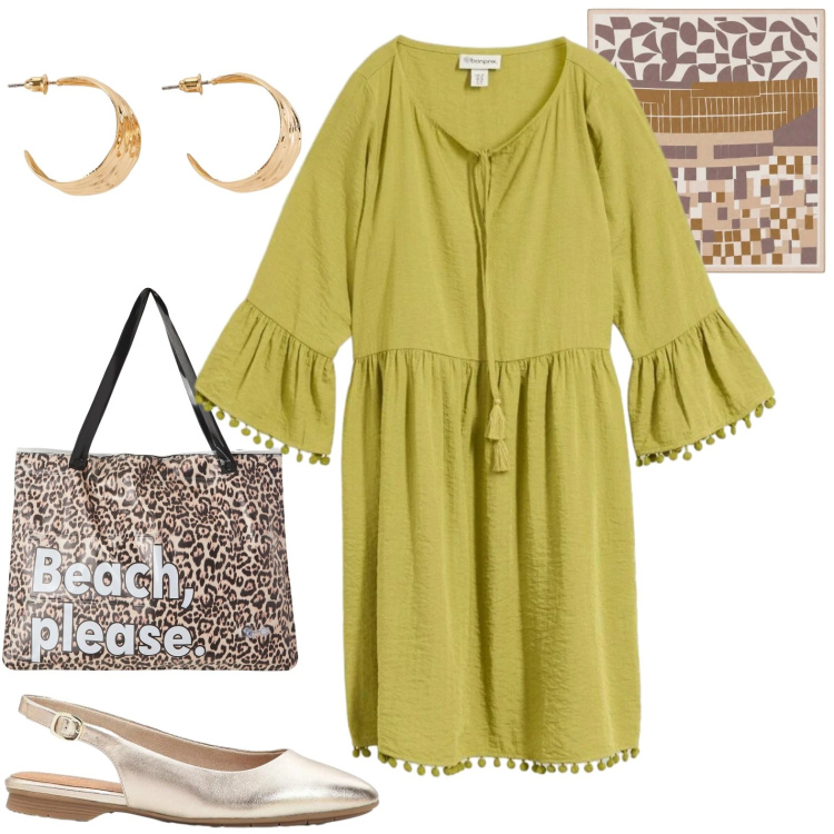 Outfit donna - Fine agosto città. Stile Casual per Tutti i giorni. Abbinamento con orecchini, vestiti, ballerine, borse tote, foulard.