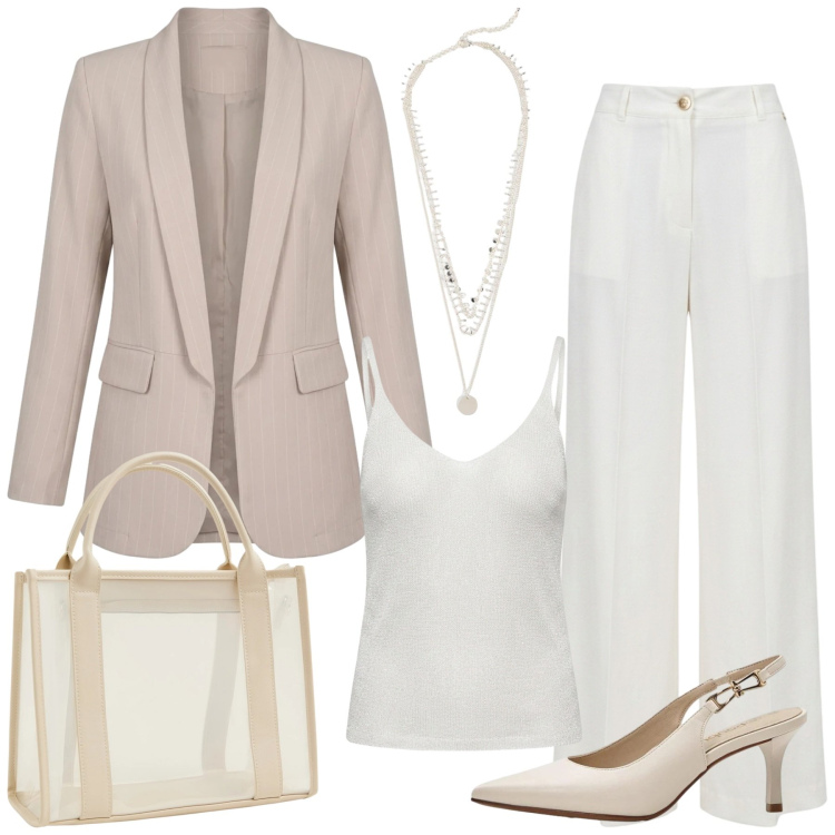 Outfit donna - Total look #2460472. Stile Glamour per Ufficio. Abbinamento con décolleté, collane, borse tote, pantaloni a palazzo, top, blazer.