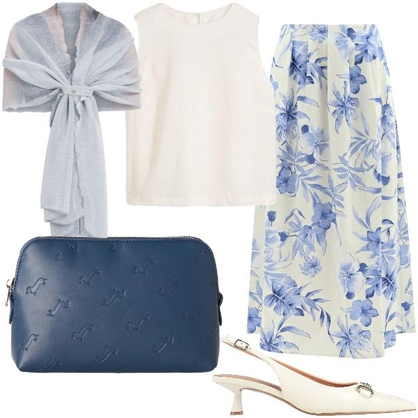 Outfit donna - Pranzo estivo con amici. Stile Casual chic per Serata fuori. Abbinamento con décolleté, canottiere, pochette, gonne lunghe, stole.