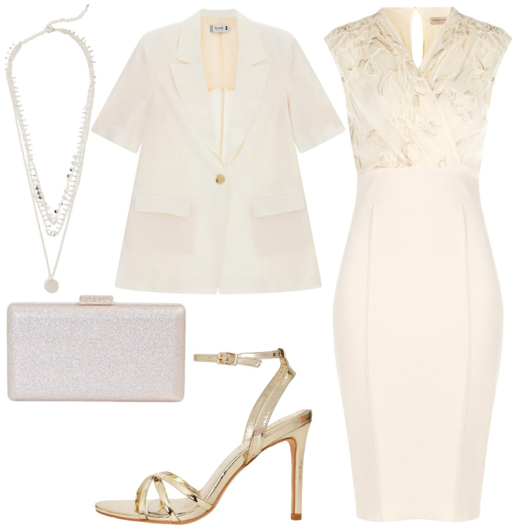 Outfit donna - Cerimonia. Stile Chic per Cerimonia. Abbinamento con collane, sandali col tacco, clutch, vestiti midi/longuette, blazer.
